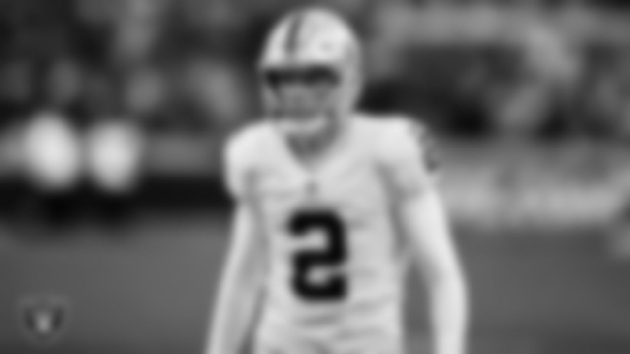 Las Vegas Raiders kicker Daniel Carlson (2) on the sidelines during the Las Vegas Raiders regular season away game against the Kansas City Chiefs.