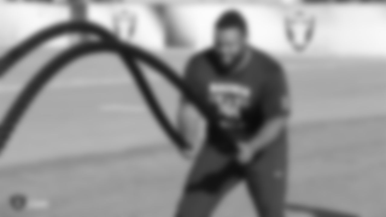Raiders defensive tackle Maurice Hurst at a workout during phase one of the offseason program at the Raiders Practice Facility in Alameda, Calif.