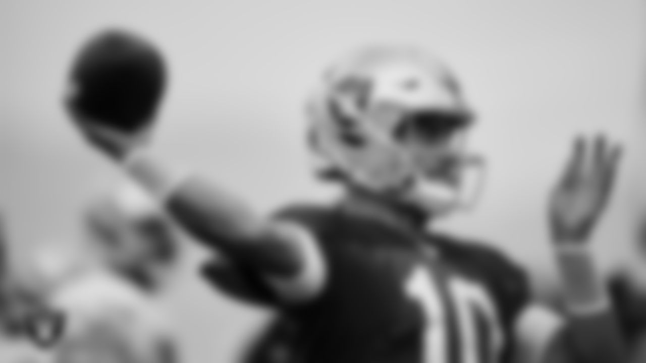 Las Vegas Raiders quarterback Jimmy Garoppolo (10) on the field for practice at 2023 Training Camp at Intermountain Health Performance Center.