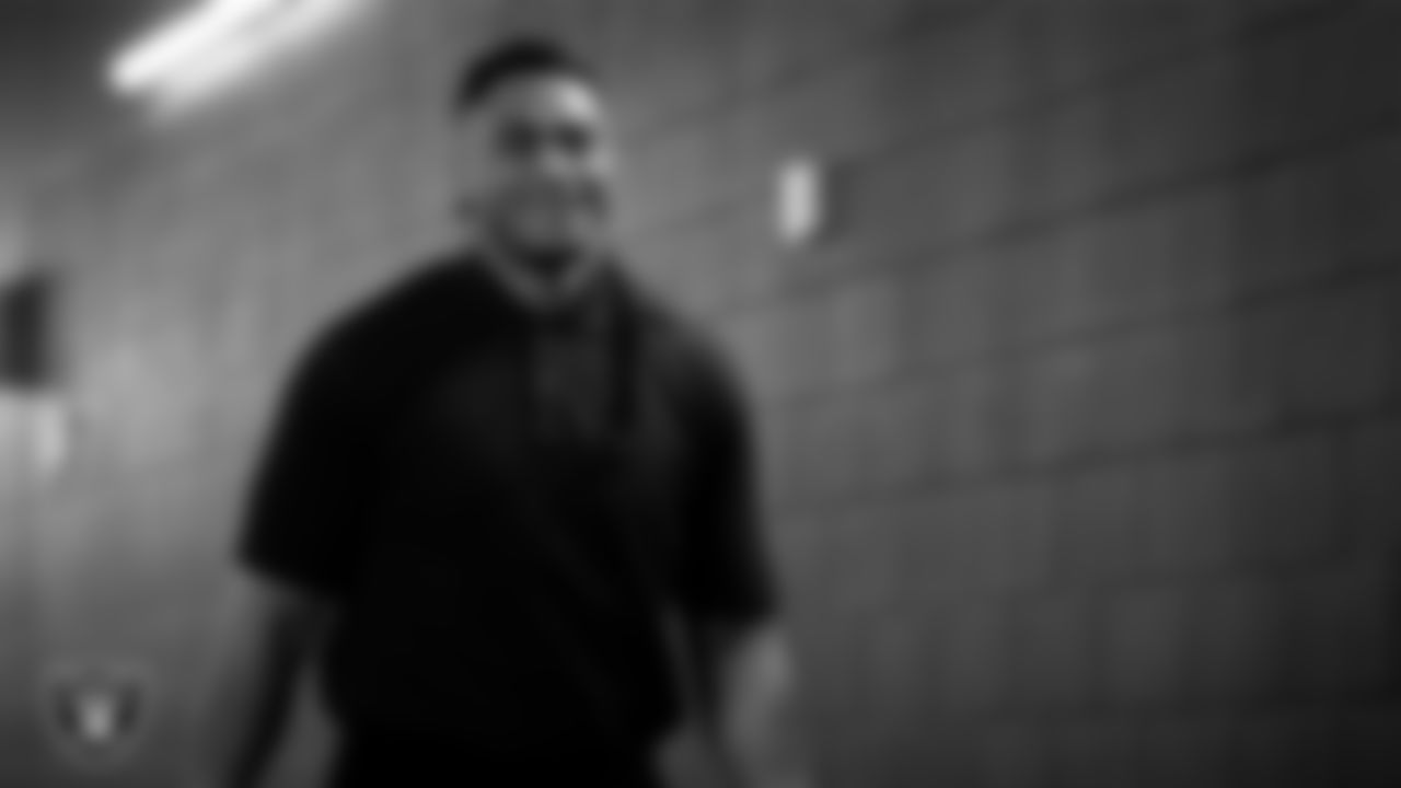 Las Vegas Raiders linebacker Harvey Langi (56) arrives to the regular season home game against the San Francisco 49ers at Allegiant Stadium.