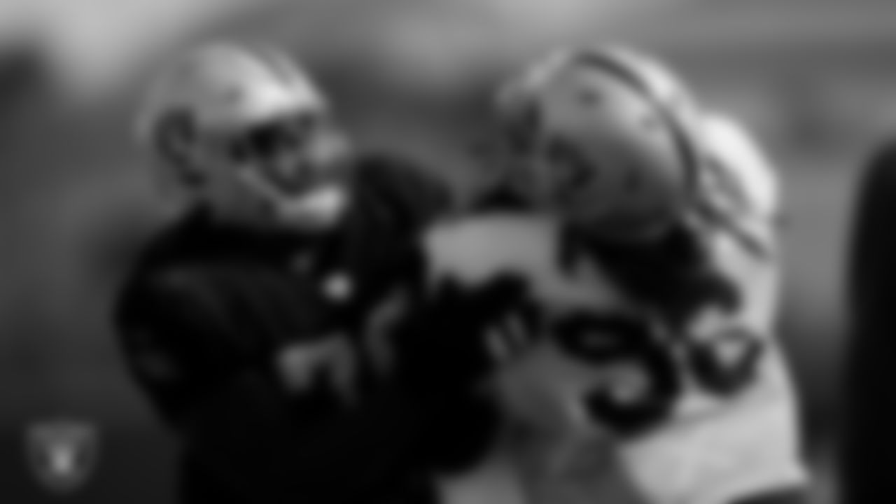 Las Vegas Raiders guard John Simpson (76) and defensive tackle Darius Philon (96) during practice at Intermountain Healthcare Performance Center.