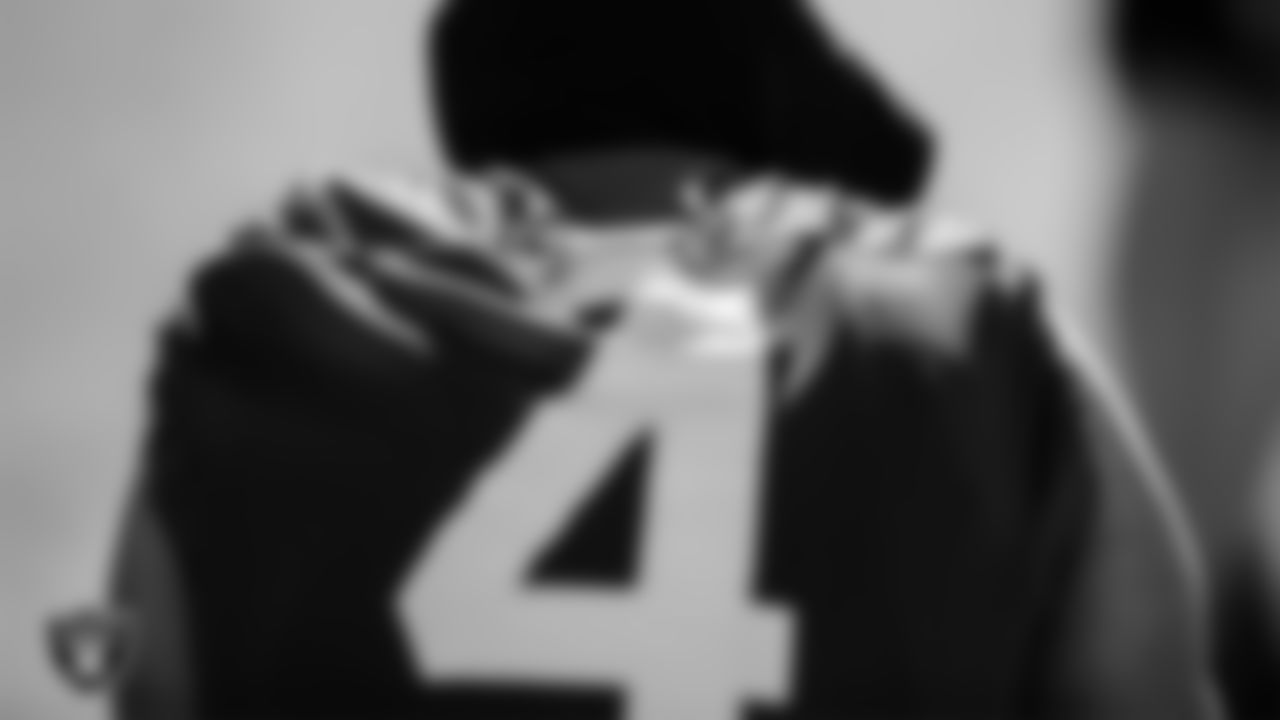 Las Vegas Raiders quarterback Derek Carr (4) during practice.