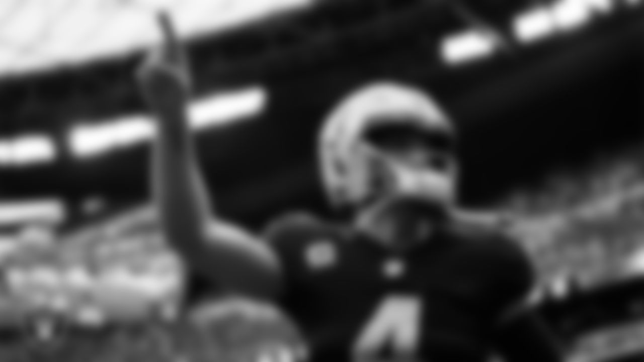 Las Vegas Raiders quarterback Derek Carr (4) is introduced onto the field before the regular season home game against the Chicago Bears.