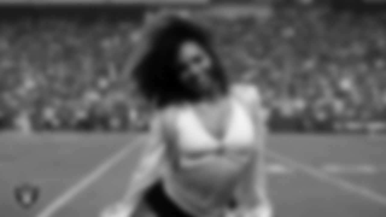 Raiderette Makenna P. performs on the sidelines during the regular season home game against the San Francisco 49ers at Allegiant Stadium.