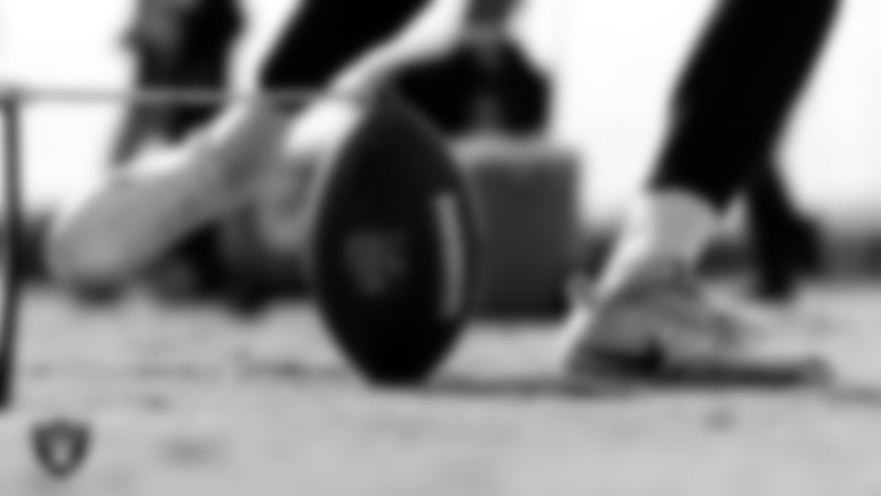 A football on a kicking tee during the Las Vegas Raiders practice at Intermountain Healthcare Performance Center.