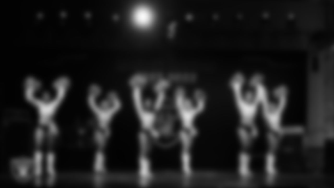 Raiderettes Vicki, Claudia, Tatiana, Madison E., Monica G. And Jennifer perform during Raider Nation Fan Fest 2022.