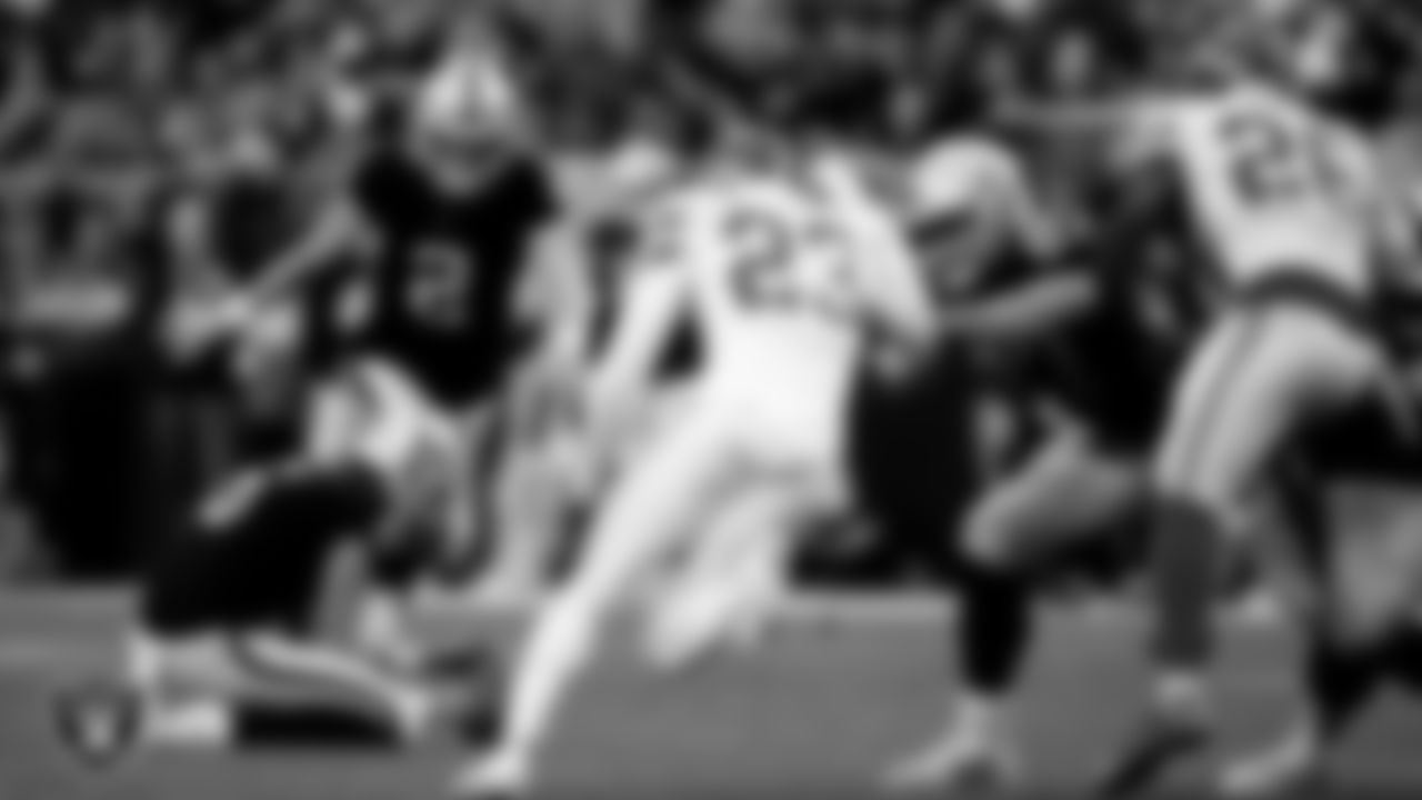 Las Vegas Raiders kicker Daniel Carlson (2) kicks a 54-yard field goal during the regular season home game against the Kansas City Chiefs at Allegiant Stadium.