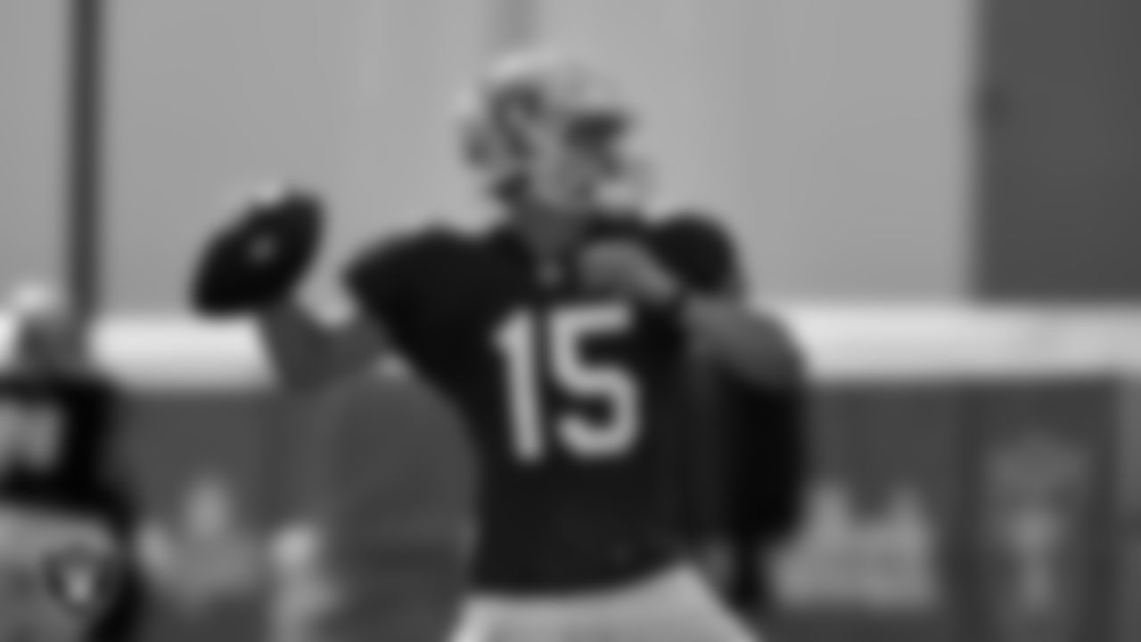 Las Vegas Raiders quarterback Chase Garbers (15) on the field for a joint practice with the New England Patriots at 2022 Training Camp at Intermountain Healthcare Performance Center.