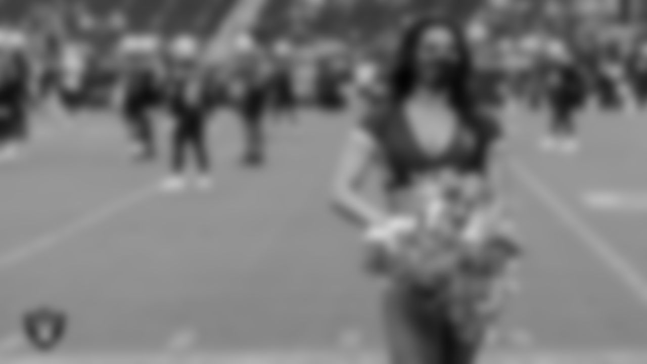 Raiderette Gabby L. on the field for practice at 2021 Training Camp.