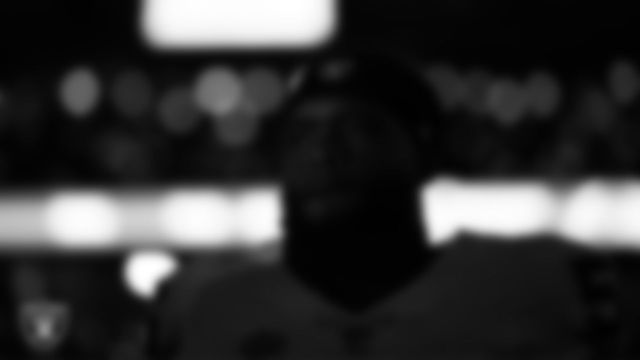 Las Vegas Raiders linebacker Amari Burney (56) on the sidelines before the Las Vegas Raiders' regular season away game against the Detroit Lions at Ford Field.