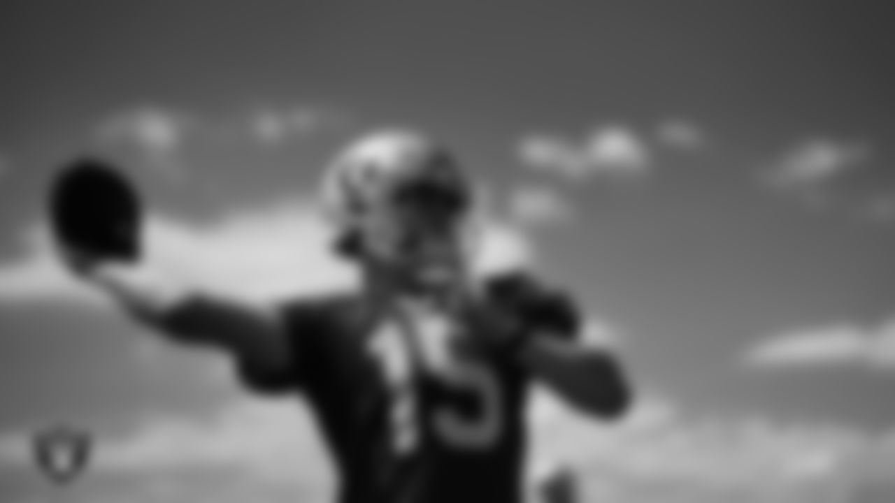 Las Vegas Raiders quarterback Chase Garbers (15) during practice at Intermountain Healthcare Performance Center.