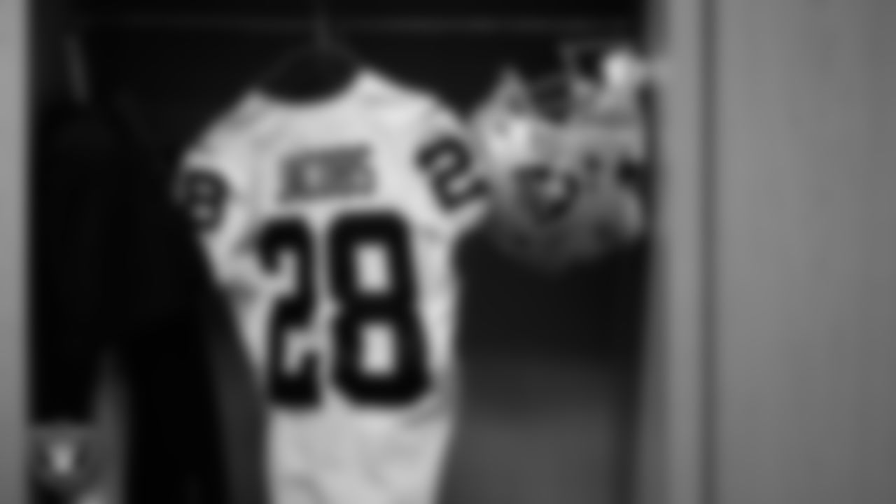 Las Vegas Raiders running back Josh Jacobs' (28) jersey and helmet in the locker room prior to the Raiders' arrival for their regular season away game against the Denver Broncos at Empower Field at Mile High.