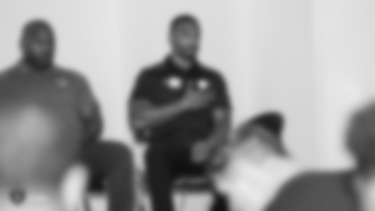 Oakland Raiders rookies listen to alumni speakers Cliff Branch, Jerry Robinson, Kirk Morrison, Rod Streater, and Lincoln Kennedy, as part of Rookie Academy, at the the Oakland Raiders Practice Facility, Friday, June 7, 2019, in Alameda, Calif.