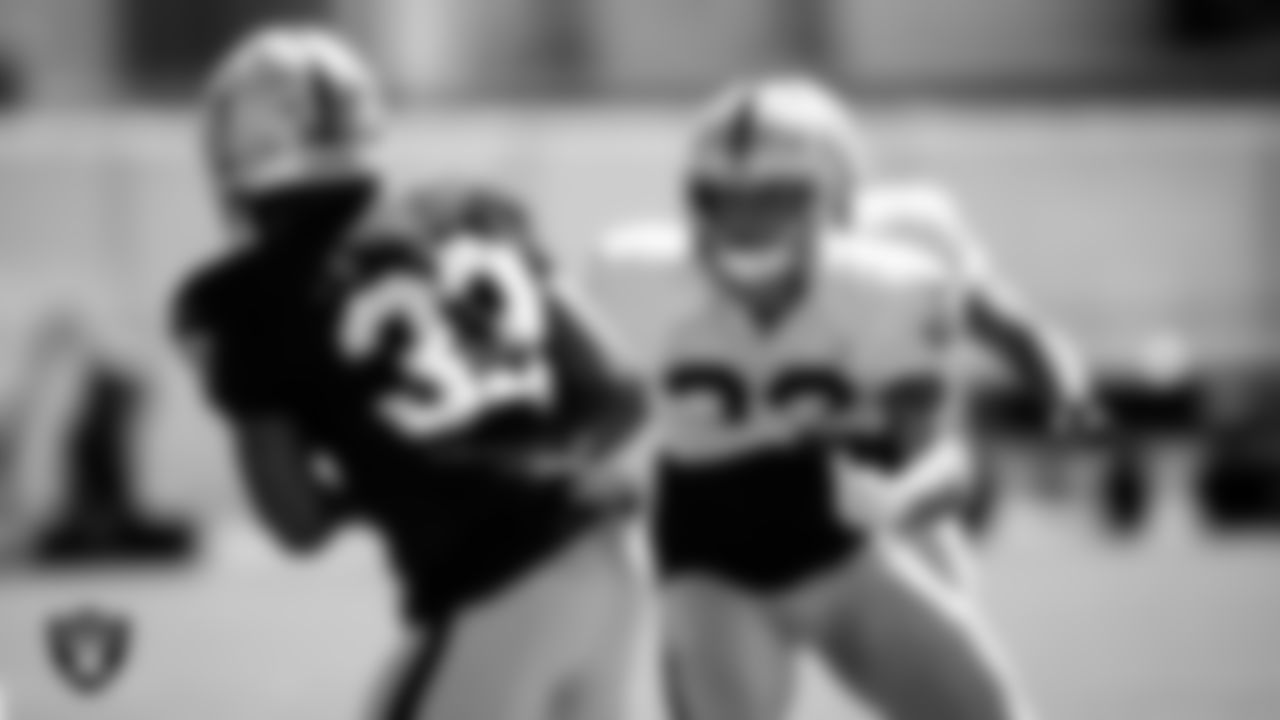 Las Vegas Raiders safety Dallin Leavitt (32) during practice.