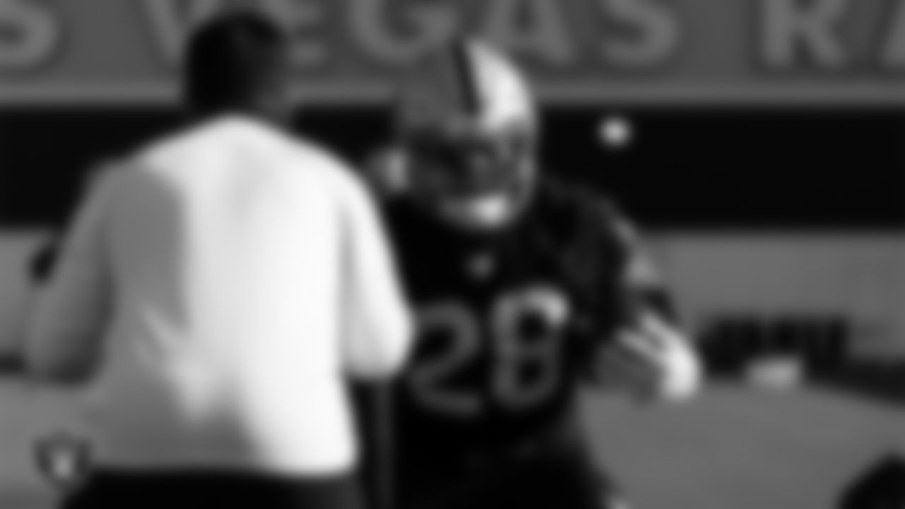 Las Vegas Raiders running back Josh Jacobs (28) on the field for practice at 2020 Training Camp.