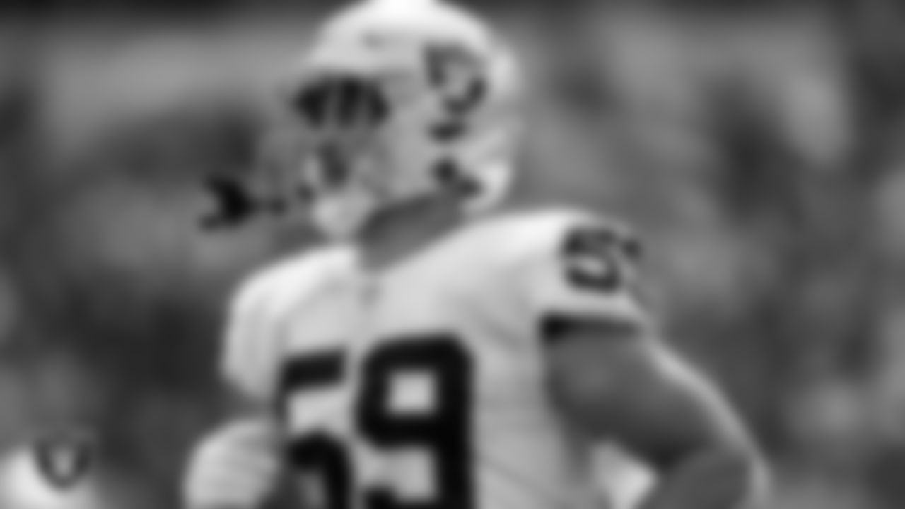 Las Vegas Raiders linebacker Luke Masterson (59) on the field during the regular season away game against the Los Angeles Chargers at SoFi Stadium.