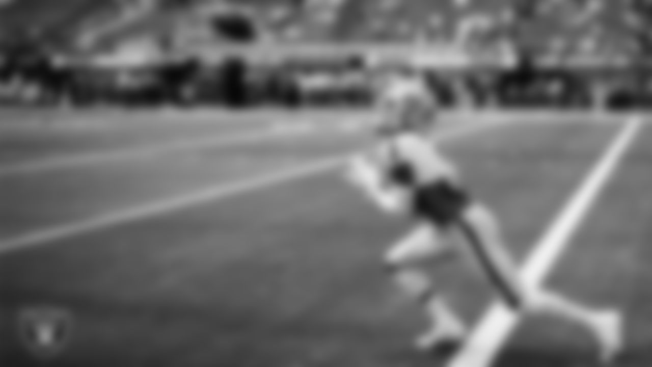 Las Vegas Raiders wide receiver Tyron Johnson (1) warming up before the regular season away game against the Los Angeles Chargers at SoFi Stadium.
