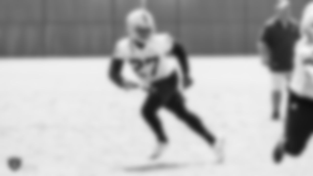 Oakland Raiders safety Reggie Nelson (27) on the field for practice at the Oakland Raiders Practice Facility, Monday, September 3, 2018, in Alameda, California.