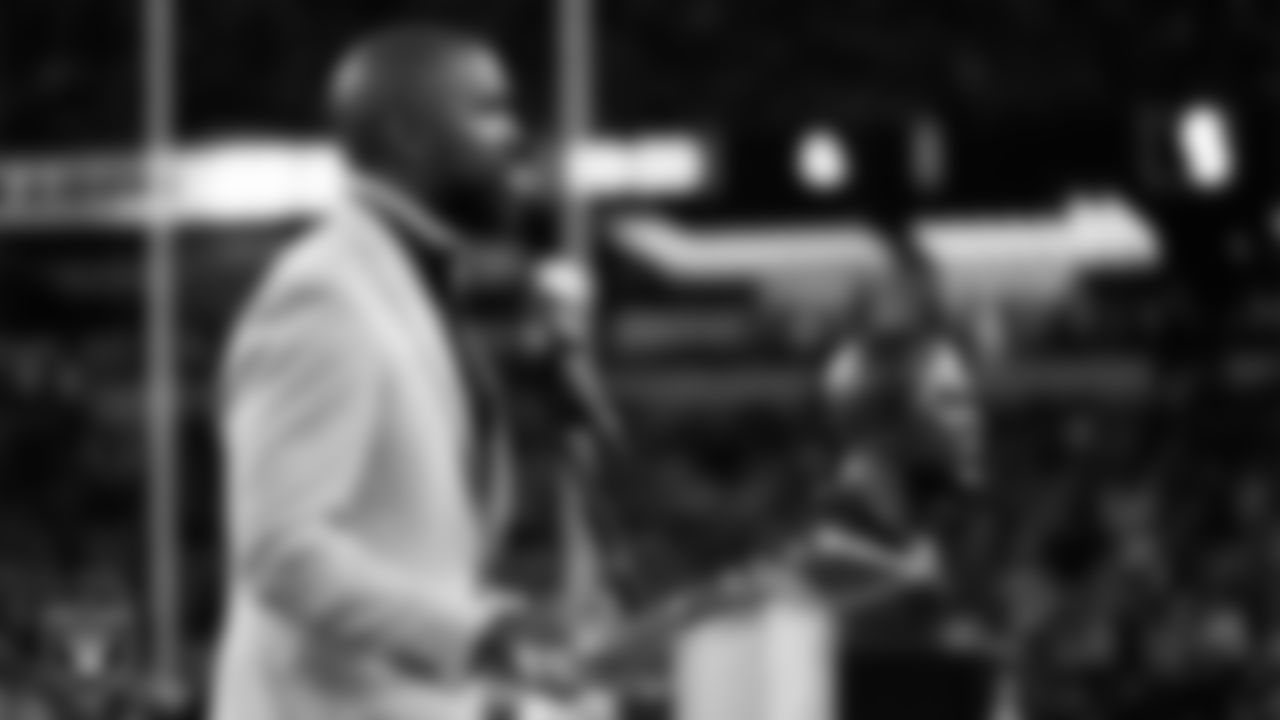 Las Vegas Raiders Hall of Famer, Charles Woodson, speaks after being presented with the Ring of Excellence before the Las Vegas Raiders regular season home game against the Kansas City Chiefs.