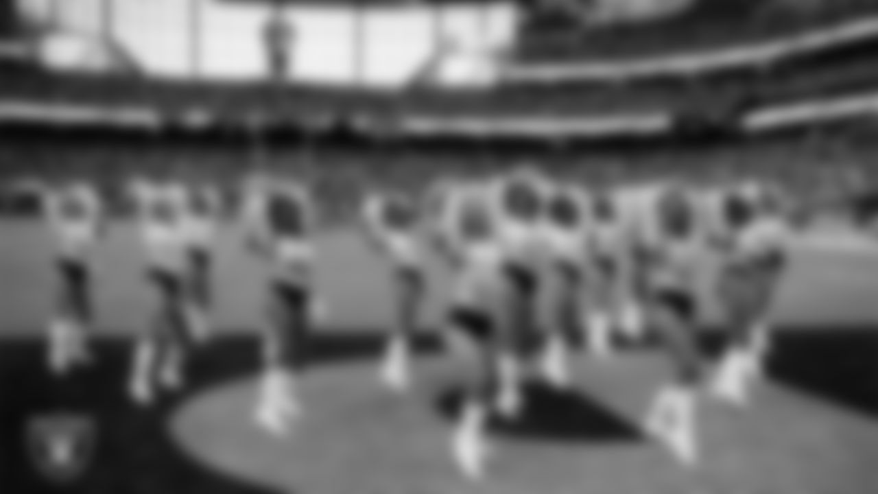Raiderettes Whitney, Rachel, Stephanie, Jekailah, Lisa, Taylor, Mackenzie, Nicola, Gabby L., Nicole, Monet Kelly and Maddie perform on the field during the regular season home game against the Chicago Bears.