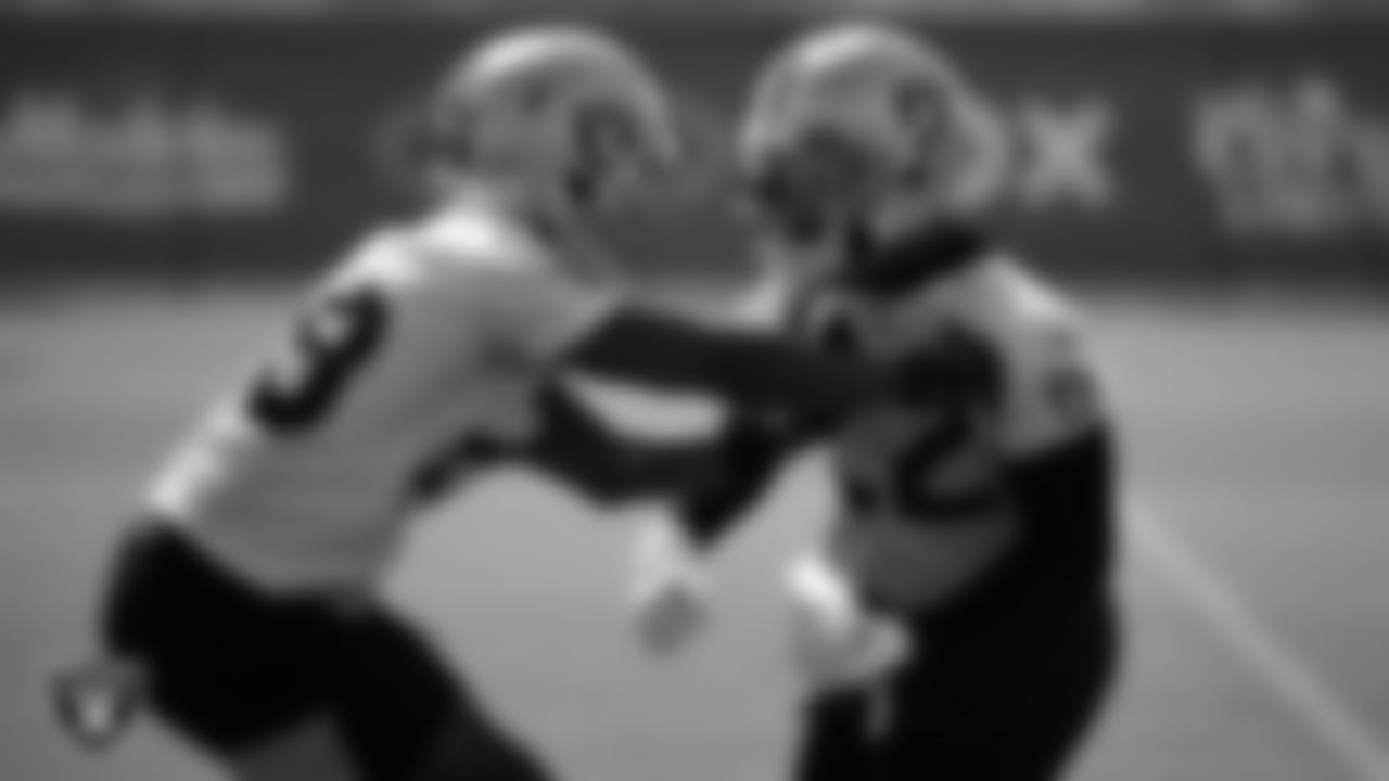Las Vegas Raiders cornerback Casey Hayward Jr. (29) and cornerback Keisean Nixon (22) during practice at Intermountain Healthcare Performance Center.