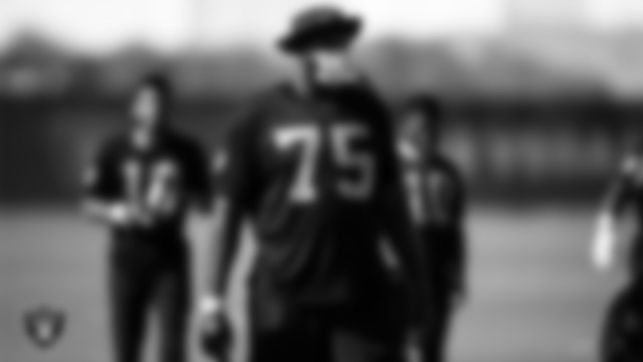 Las Vegas Raiders tackle Brandon Parker (75) on the field for a walk through at 2020 Training Camp.
