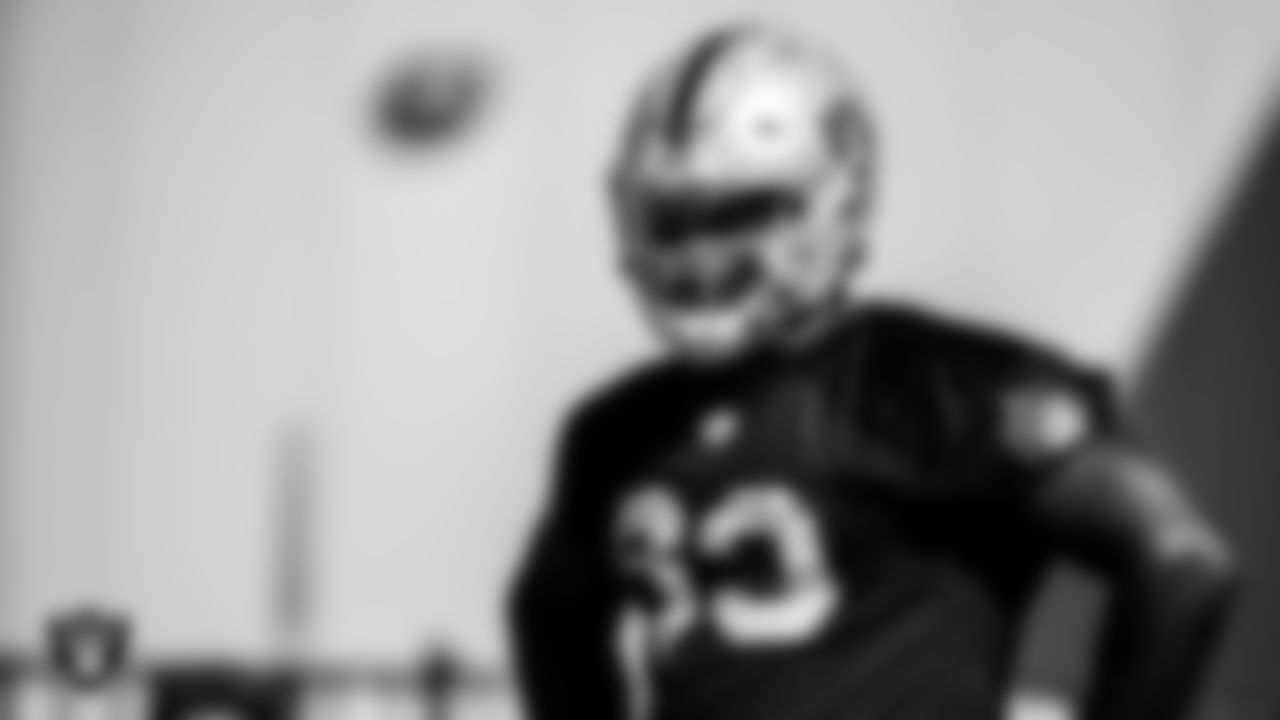 Las Vegas Raiders tackle Kamaal Seymour (63) during practice.
