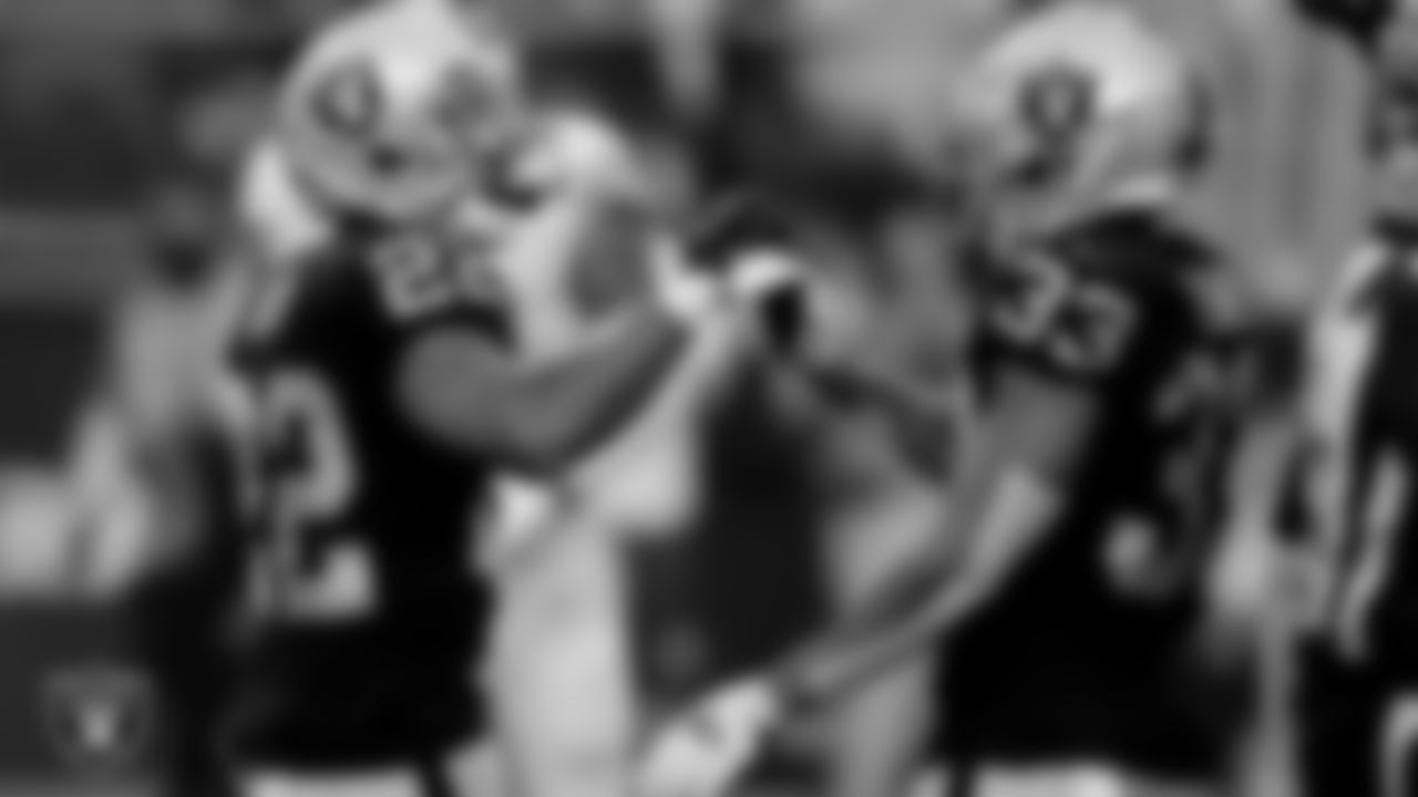 Las Vegas Raiders cornerback Keisean Nixon (22) and safety Roderic Teamer (33) during the regular season home game against the Washington Football Team at Allegiant Stadium.