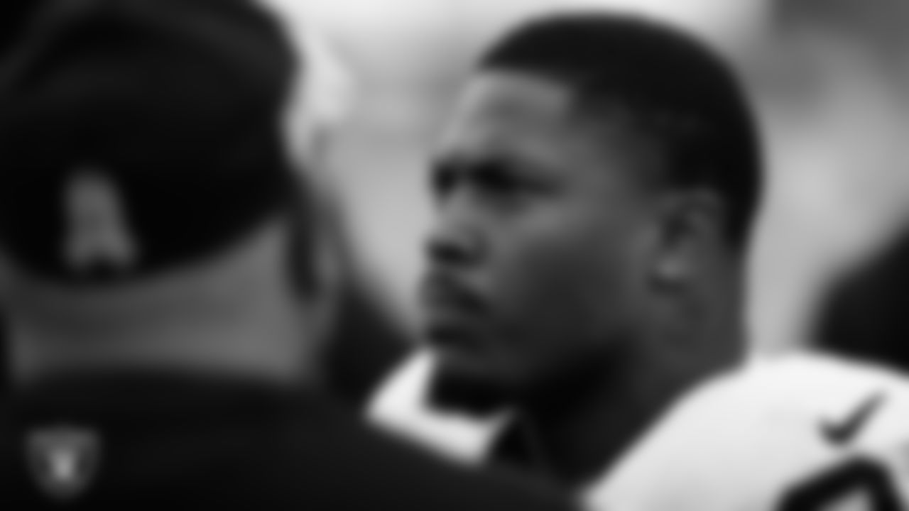 Las Vegas Raiders running back Josh Jacobs (28) on the sidelines during the Las Vegas Raiders regular season away game against the New York Giants.