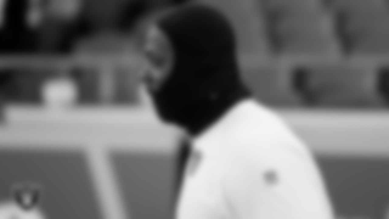 Las Vegas Raiders defensive tackle Quinton Jefferson (77) warming up before the regular season away game against the Kansas City Chiefs at Arrowhead Stadium.