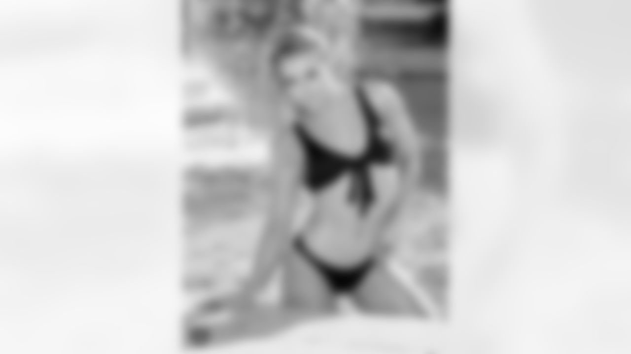 Raiderette Jennifer poses for the 2021 Raiderettes Swimsuit Photoshoot at Bellagio Resort and Casino.
