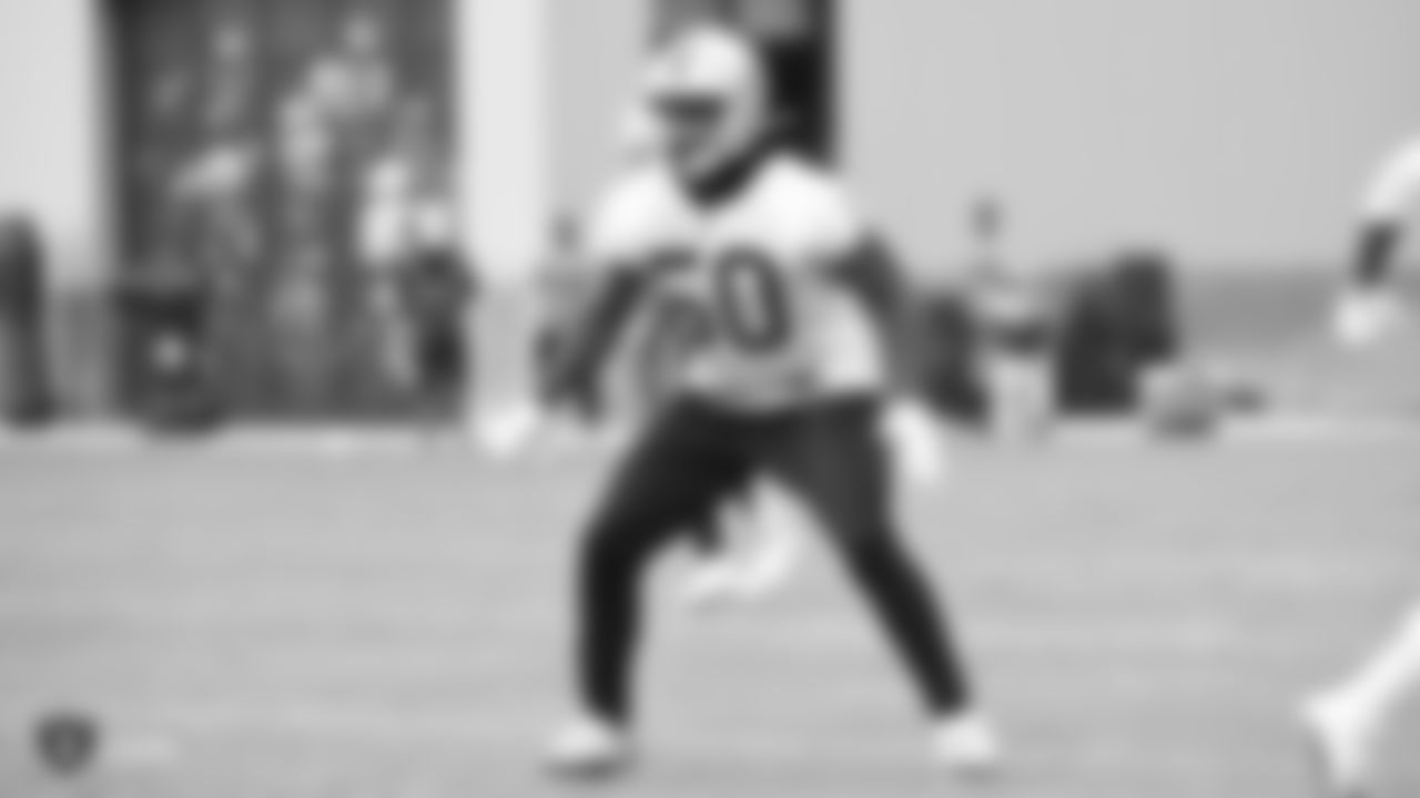 Raiders linebacker Nicholas Morrow (50) on the field for practice.