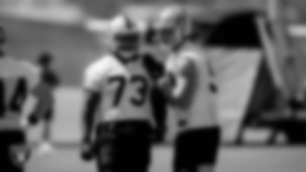 Las Vegas Raiders defensive tackle Maurice Hurst (73) and defensive end Carl Nassib (94) during practice.