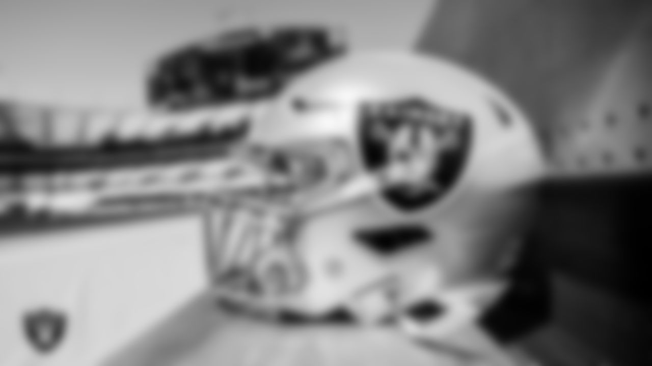 A Las Vegas Raiders helmet on the bench before the regular season away game against the Carolina Panthers.