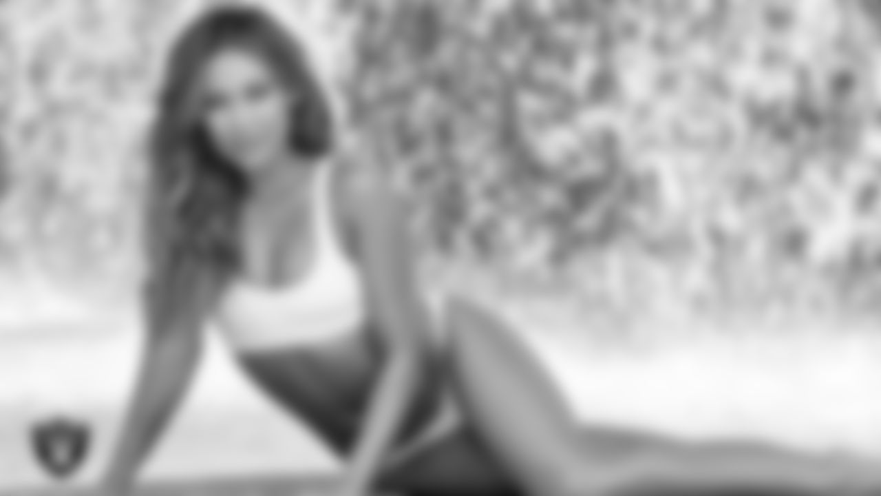 Raiderette Monica D. poses for the 2021 Raiderettes Swimsuit Photoshoot at The Mirage Resort and Casino.