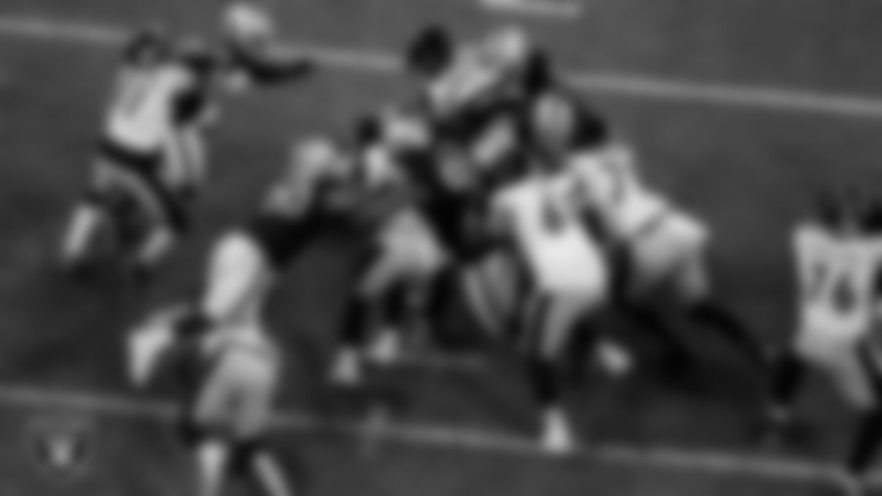 Las Vegas Raiders defensive lineman Jerry Tillery (90), defensive tackle John Jenkins (95) and defensive tackle Bilal Nichols (91) during the regular season home game against the Pittsburgh Steelers at Allegiant Stadium.
