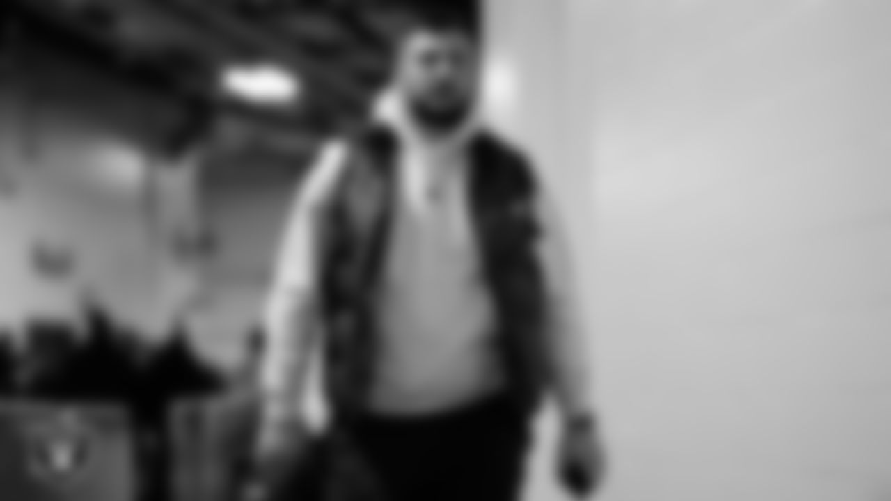 Las Vegas Raiders offensive lineman Hroniss Grasu (65) arrives to the regular season away game against the Pittsburgh Steelers at Acrisure Stadium.