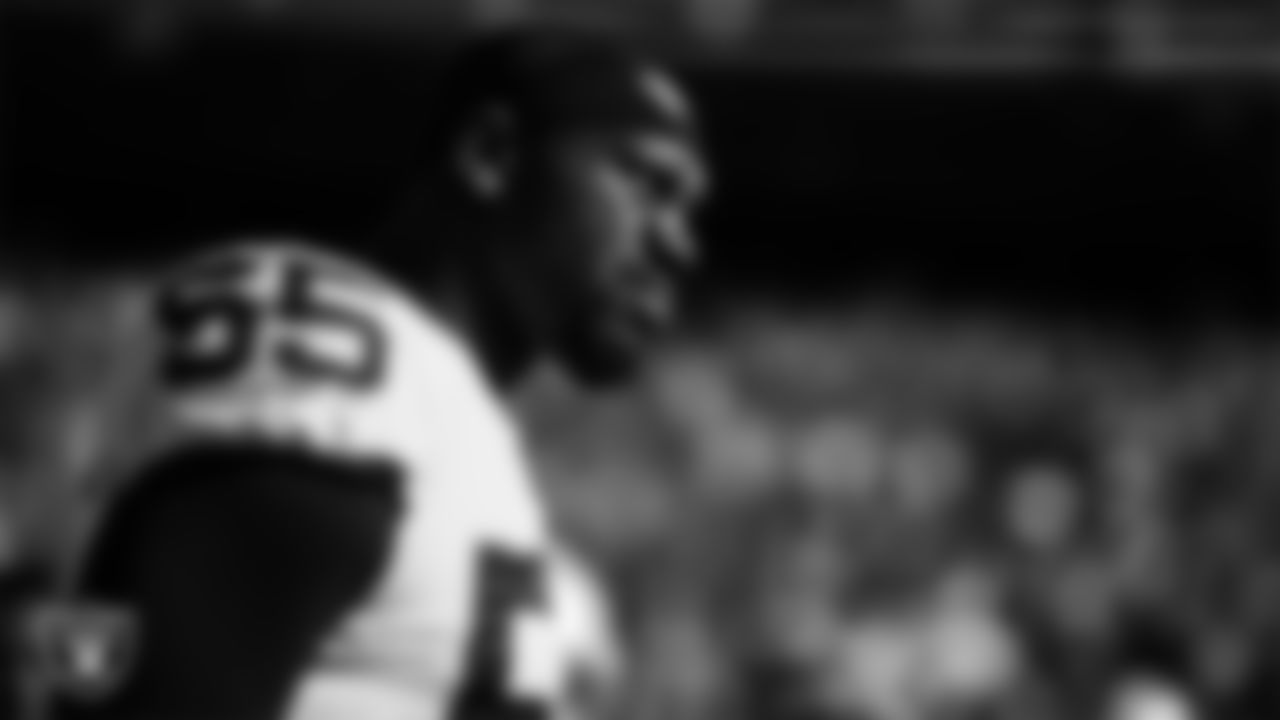Las Vegas Raiders defensive end Chandler Jones (55) on the sidelines before the Las Vegas Raiders regular season away game against the Denver Broncos at Empower Field at Mile High.