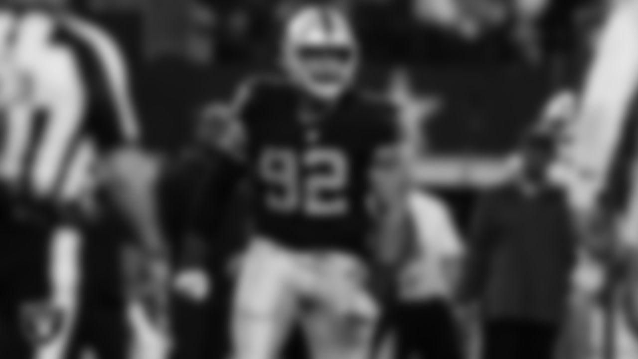 Las Vegas Raiders defensive tackle Solomon Thomas (92) celebrates after making a tackle during the regular season away game against the Dallas Cowboys.
