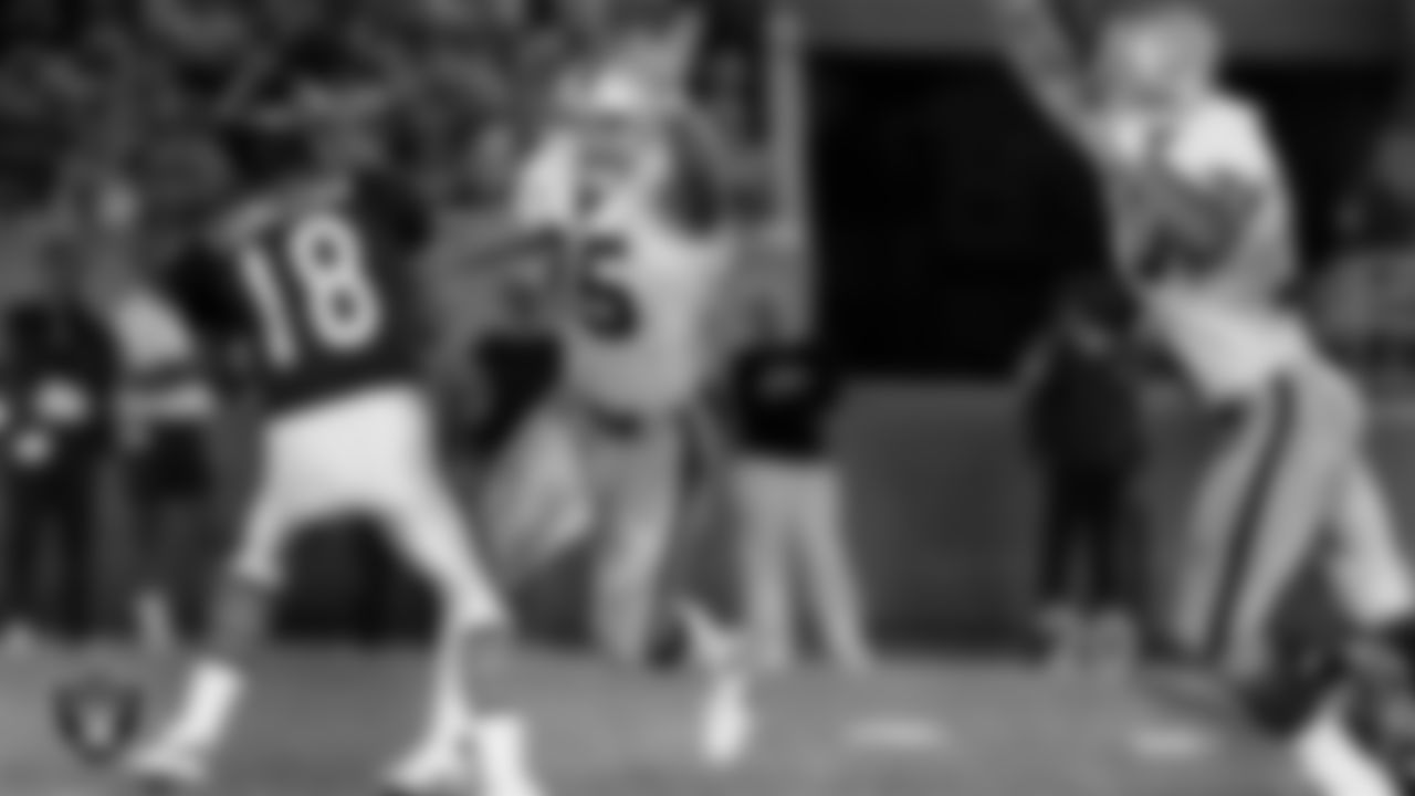 Oakland Raiders defensive end/defensive tackle Howie Long (75) and pressures the quarterback during an away game against the Chicago Bears at Soldier Field.