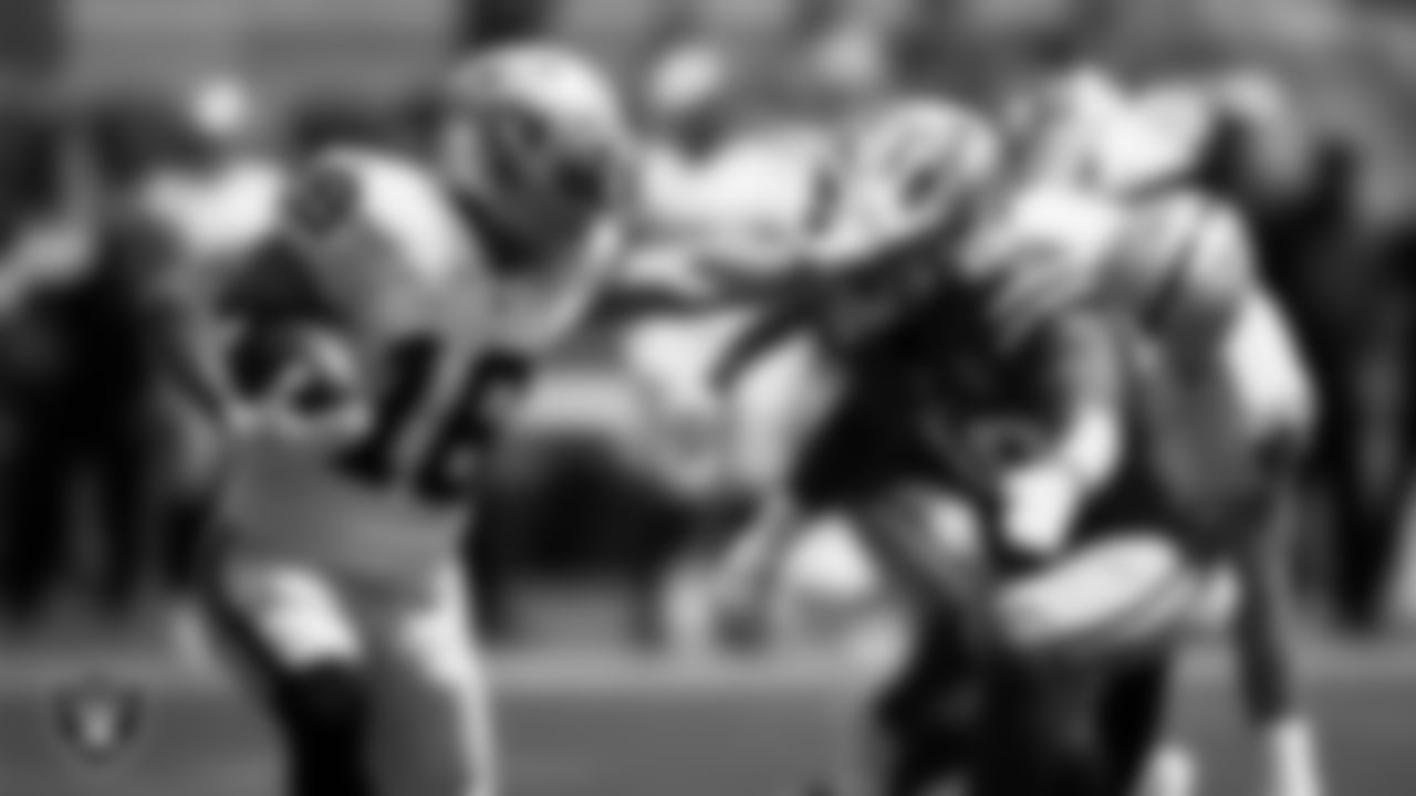 Las Vegas Raiders wide receiver Dillon Stoner (16) stiff arms the defender during the preseason away game against the San Francisco 49ers.