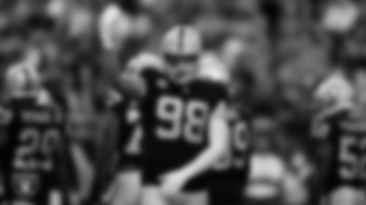 Las Vegas Raiders defensive end Maxx Crosby (98) on the field during the regular season home game against the Baltimore Ravens.
