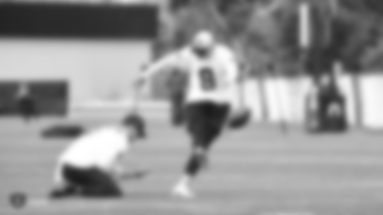Raiders punter Johnny Townsend (5) and kicker Daniel Carlson (8) at a workout during phase two of the offseason program at the Raiders Practice Facility in Alameda, Calif.
