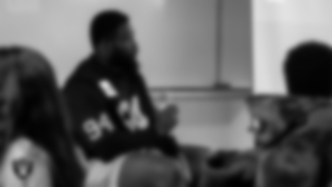 Las Vegas Raiders defensive tackle Matthew Butler (94) talks about being a professional athlete to the Hip Hop Entrepreneurship class.