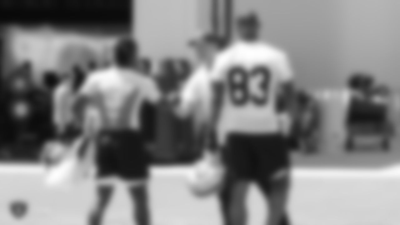 Raiders wide receiver Antonio Brown (84), general manager Mike Mayock, and tight end Darren Waller (83) at a Mandatory Minicamp at the Raiders Practice Facility in Alameda, Calif.