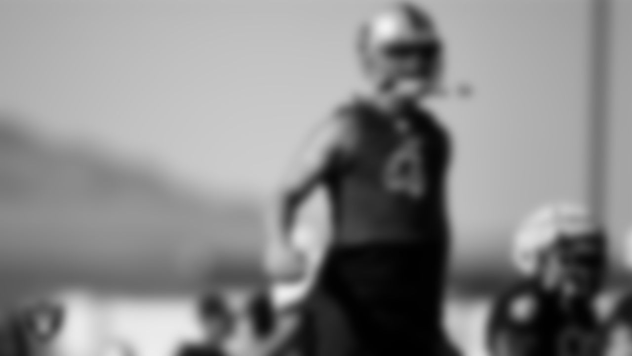 Las Vegas Raiders quarterback Derek Carr (4) on the field for practice at 2022 Training Camp at Intermountain Healthcare Performance Center.