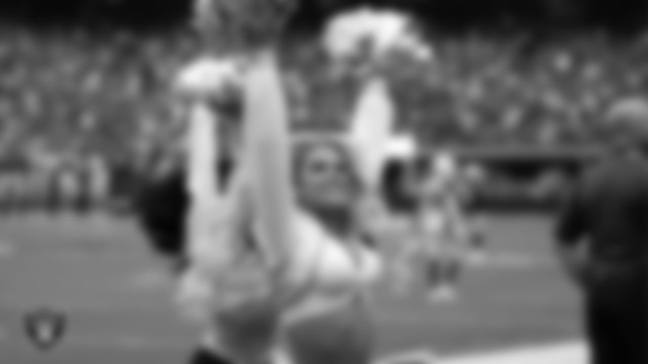 Raiderette Jennifer performs on the sidelines during the regular season home game against the Arizona Cardinals at Allegiant Stadium.