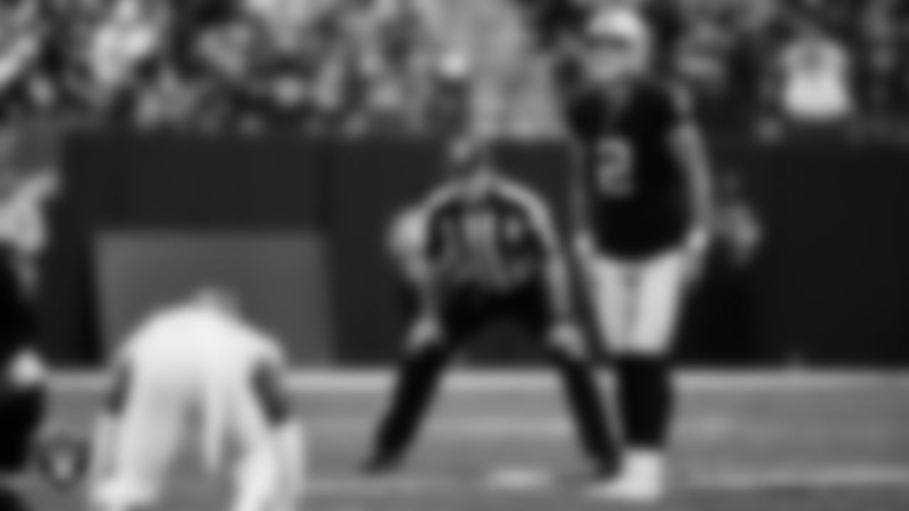 Las Vegas Raiders kicker Daniel Carlson (2) lines up before kicking a 50-yard field goal during the regular season home game against the Houston Texans at Allegiant Stadium.