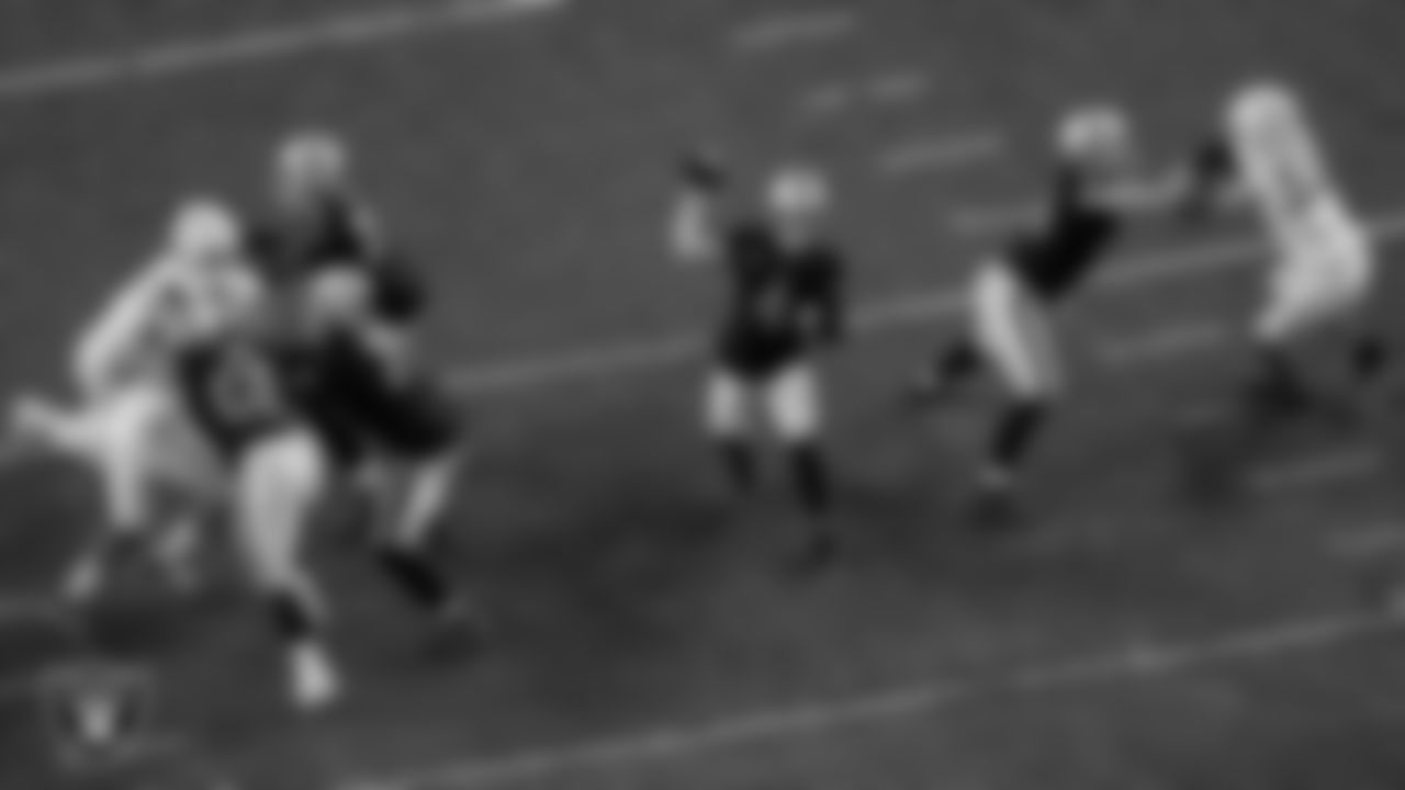 Las Vegas Raiders center Andre James (68), guard/tackle Alex Leatherwood (70), tackle Brandon Parker (75), quarterback Derek Carr (4) and tackle Kolton Miller (74) during the regular season home game against the Los Angeles Chargers.