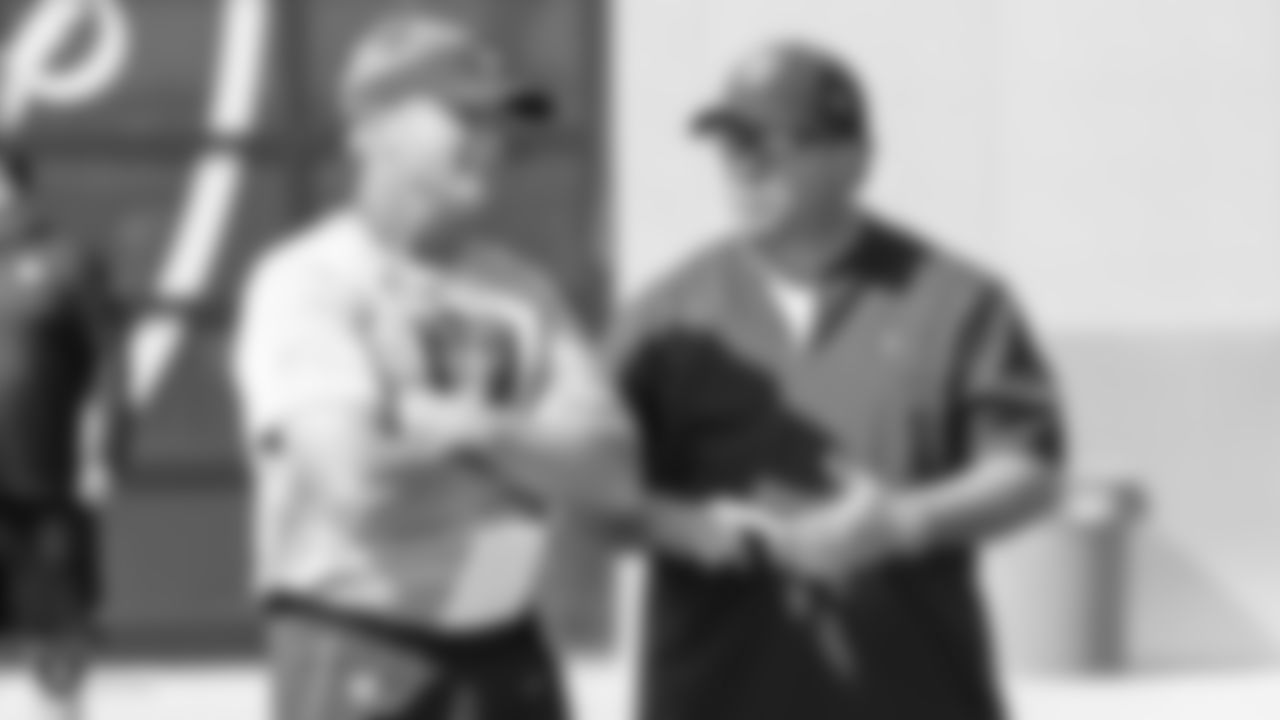 Oakland Raiders head coach Jon Gruden and defensive coordinator Paul Guenther on the field for practice at the Oakland Raiders Practice Facility, Monday, October 9, 2018, in Alameda, California.